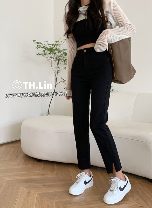 【T.H】Korean style fashion high elastic straight jeans 671610# LSW