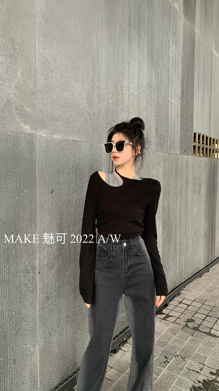 Autumn models are new! [MAKE charm] temperament women's single off-the-shoulder slash fake two small shirts 50302# OZQ