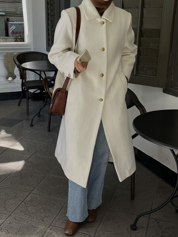 [ON LINE] Korean standard wool temperament straight long gold buckle wool coat containing 38 wool 7232