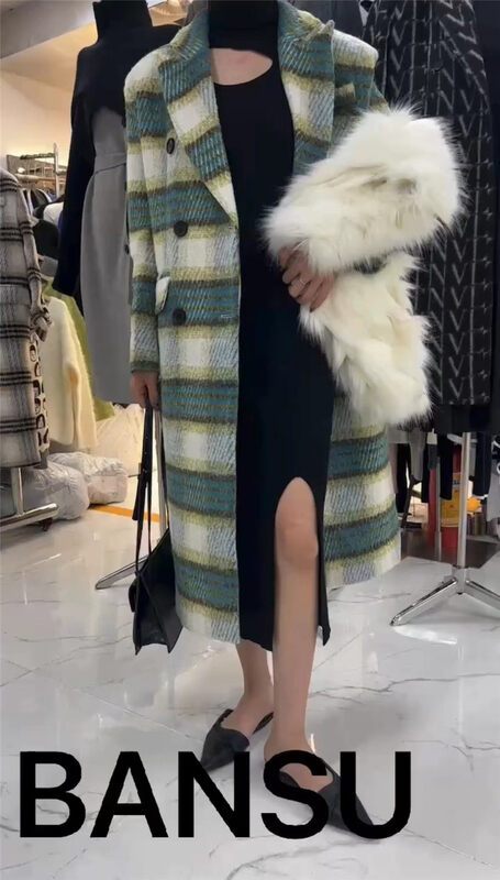 [Half-Plain] Plaid high-end all-match long temperament woolen coat A883# ZJY