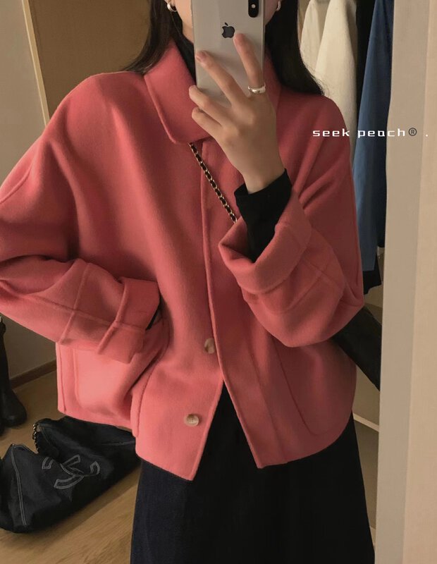 【SEEK PEACH】Solid color comfortable and slim loose wool coat (including 100% wool) S9902# L
