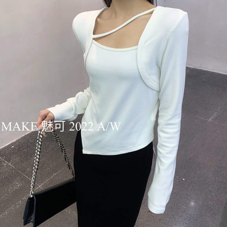 [MAKE Charm] temperament woman slash fake two-piece spliced ​​slanted hem small shirt 31061# OZQ