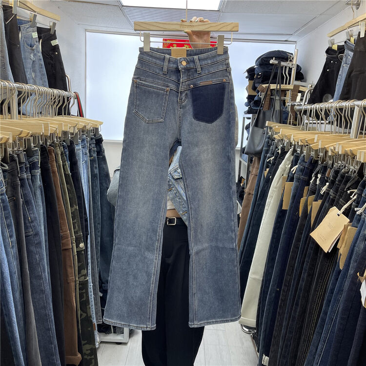 [OKD] Contrast color pocket stretch all-match mopping composite fleece jeans 52925-2# GY