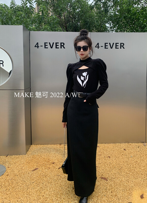 [MAKE Charm] Temperament woman flower print front hollow small stand-up collar puff sleeve small shirt 50355# OZQ