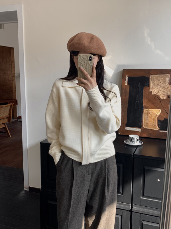 【ON LINE】Wool Korean simple and versatile zipper lapel sweater with 30 wool 33508