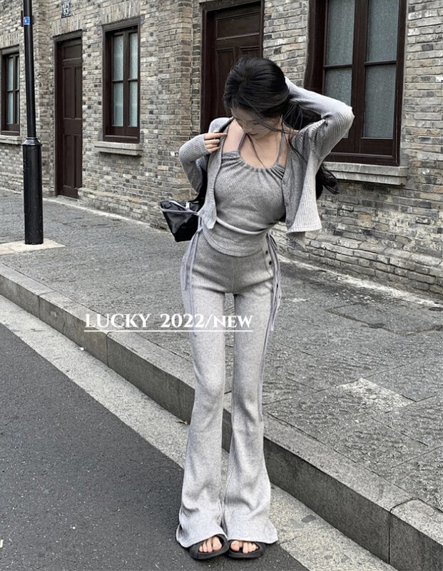 【LUCKY】Hanging neck drawstring sling + simple cardigan coat + casual wide-leg suit 9638# ZXX