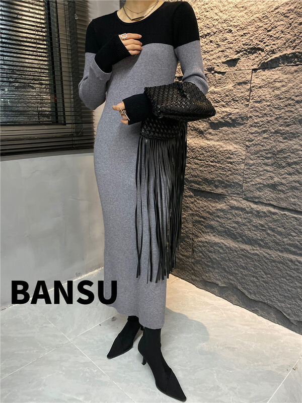 [Half-Plain] Round Neck Slim Fit Colorblock Knit Dress L1126# ZJY