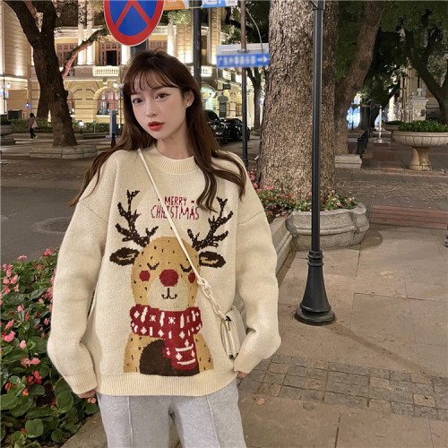 Christmas Red Elk Sweater Women's Autumn and Winter Outer Wear Loose Lazy Wind Korean Knit Sweater Top Trendy