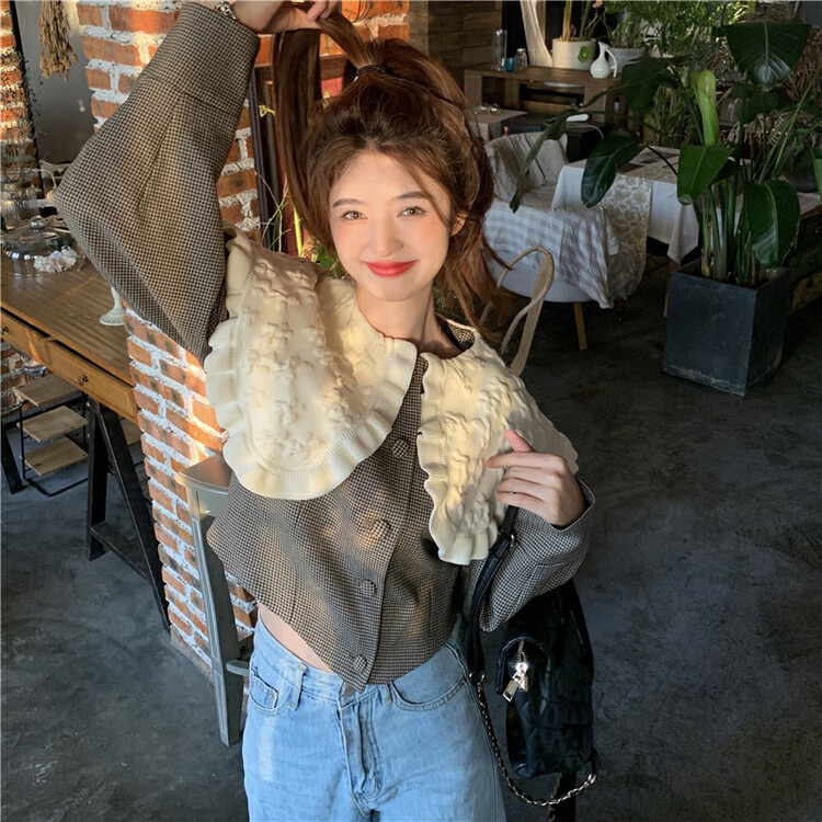 [Timely rain] Korean style ins retro plaid doll collar all-match foreign style short coat 00230# WPL