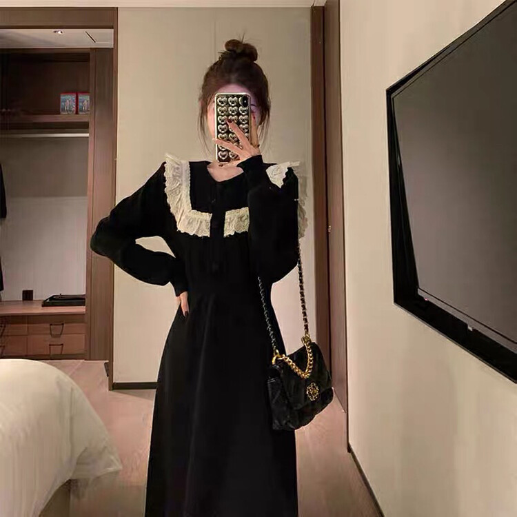 【Ouzhengsha】French small fragrance corduroy stitching lace dress 19527# JJ