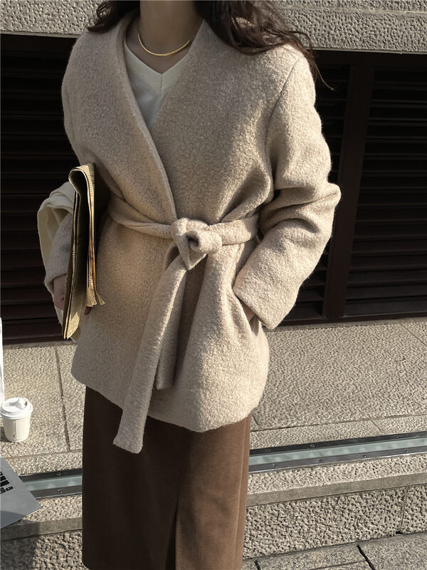 [TN] Temperament V-neck simple and versatile short coat (with belt) (46% wool) 1404# CLS
