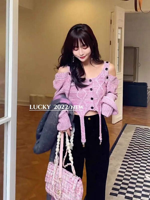 【LUCKY】Korean version of solid color short off-the-shoulder cardigan knitted sweater 9693# ZXX