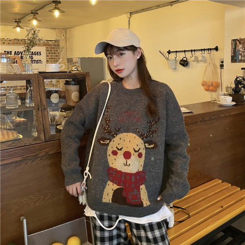 Christmas Red Elk Sweater Women's Autumn and Winter Outer Wear Loose Lazy Wind Korean Knit Sweater Top Trendy