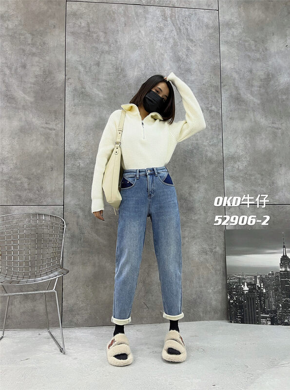 [OKD] Retro pocket back leather card design Harlan slim jeans 52906-2# GY