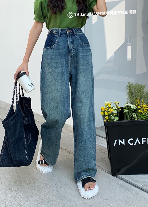 Original price 89.99! 【T.H】Korean version loose all-match western style fashion nostalgic blue wide-leg jeans 33235# LSW