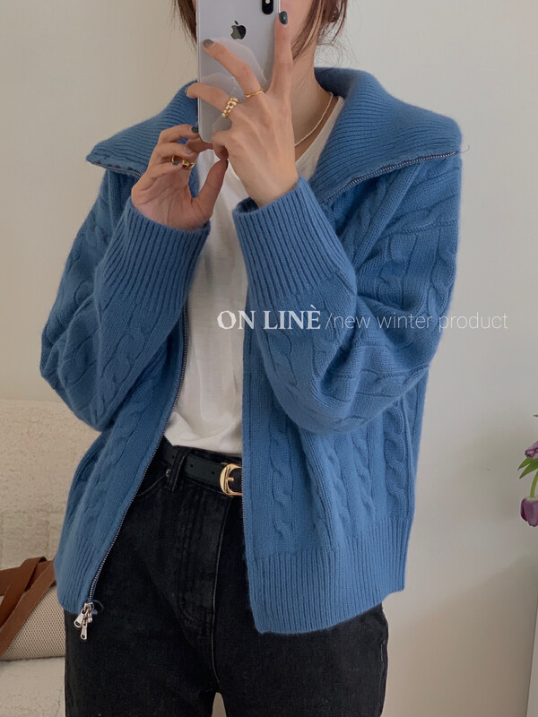 【ON LINE】Raccoon velvet lapel two-way zipper twist cardigan warm sweater PA100# JHY