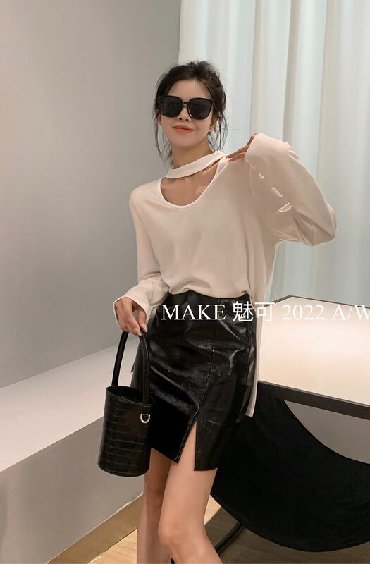 [MAKE Charm] temperament woman hanging neck side slit arc loose large version long-sleeved T-shirt 3498# OZQ