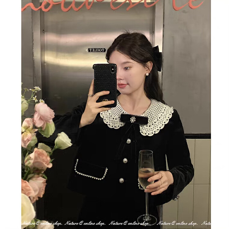Original price 108.99! [Ou Zhengsha] French style small fragrance lace collar short jacket + high waist skirt two-piece suit (with brooch) 19260# JJ