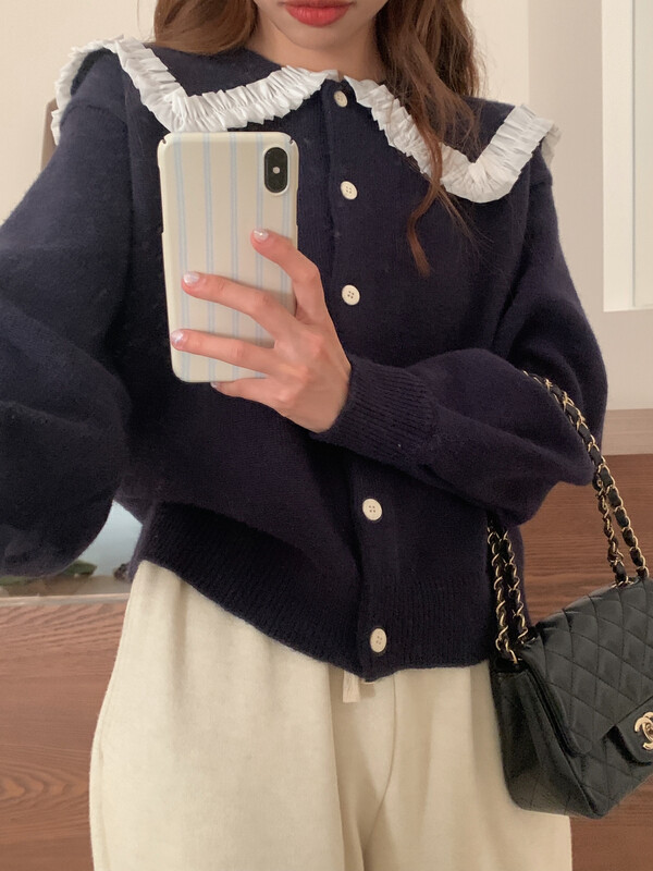 【LOVELY/SHMILY】College style navy collar knitted cardigan sweater knitted cardigan M0892