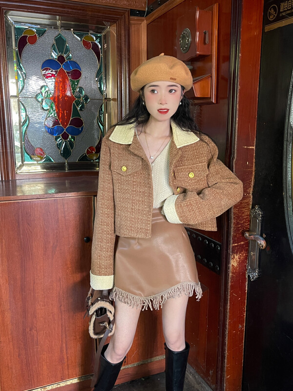 [Timely rain] Korean style ins retro design hit color short coat (including 30% cashmere) YS1-27859# WPL
