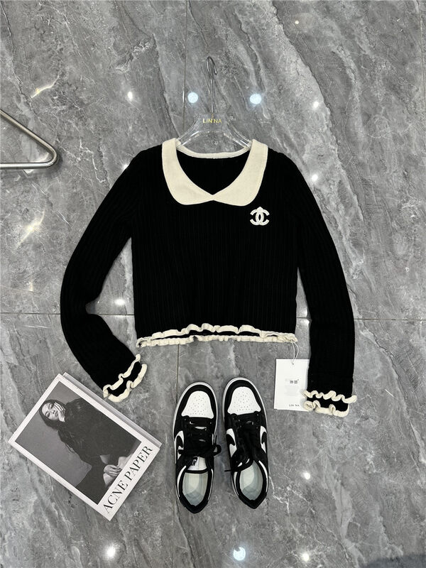 【LINNA】Contrast color lapel short knitted sweater (without brooch) 82942# JJ