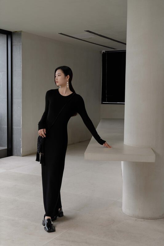 【WHITE】Long Sleeve Korean Style Solid Color Dress S-76959# GY