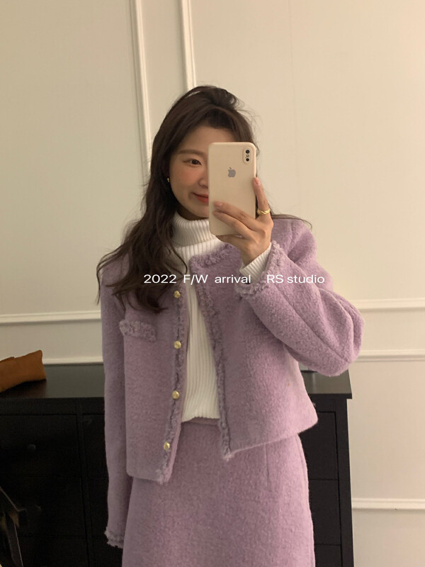 [RS] Round neck fringed small fragrant wind down jacket + slimming texture skirt suit LL0306# FHX