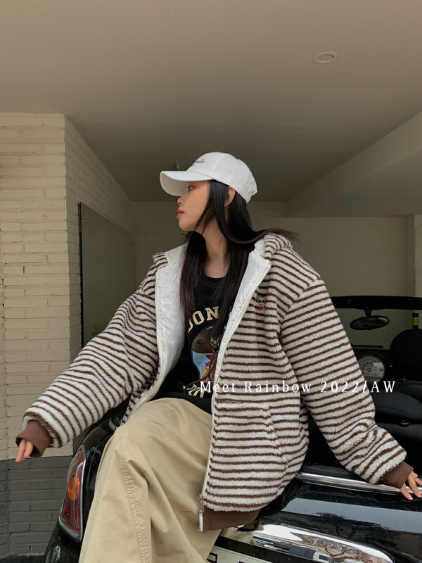 【MEET RAINBOW】Korean Simple Striped Hooded Short Jacket 02138# LSL