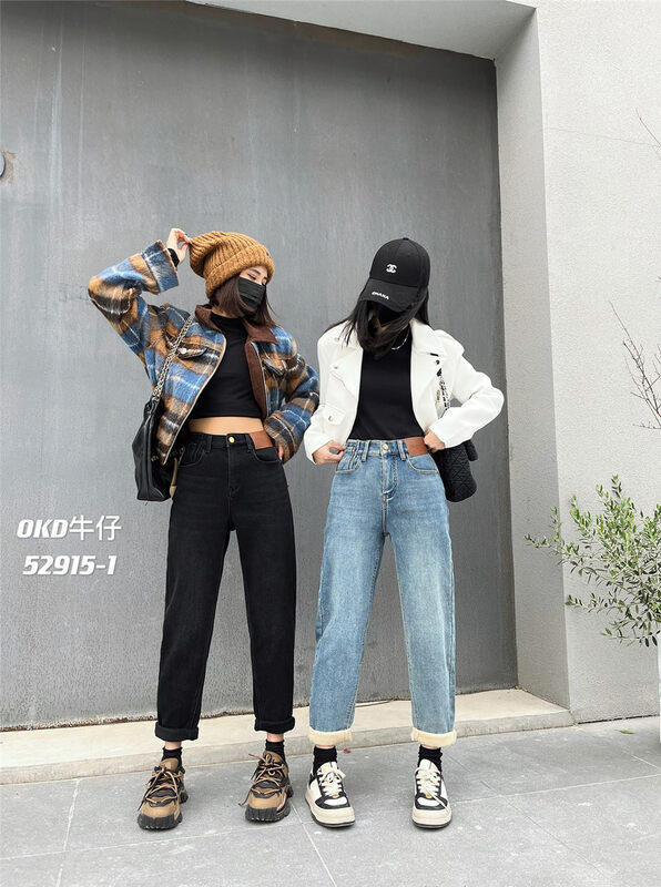 【OKD】Semi-elastic elastic leather card harem plus velvet thick all-match jeans 52915# GY
