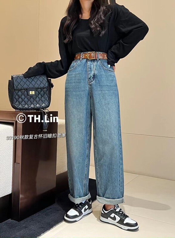 【T.H】Korean style loose and casual all-match dad jeans (without belt) 331900# LSW