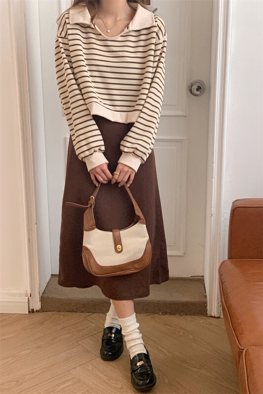 [Timely rain] Korean style ins retro POLO collar short long-sleeved striped sweater + suspender dress suit Y21119# WPL