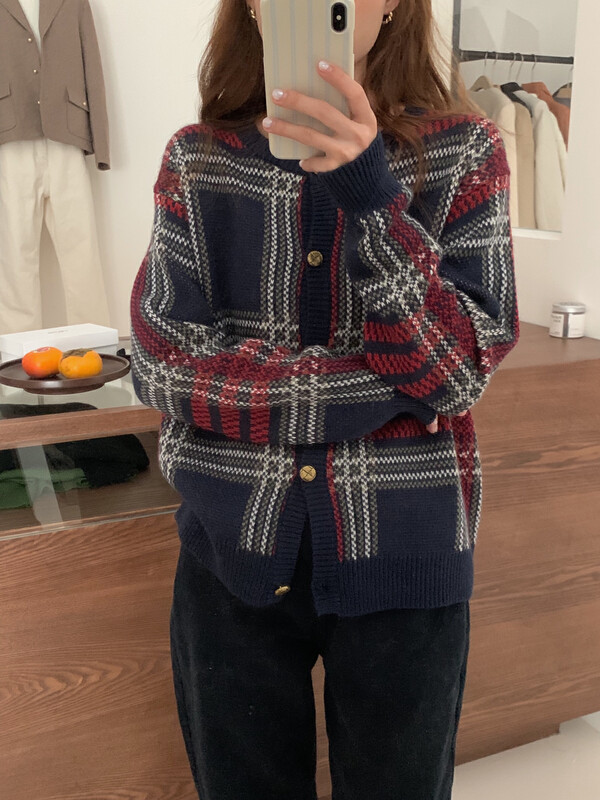 【LOVELY/SHMILY】Korean version of retro single-breasted plaid knitted cardigan sweater sweater M0895