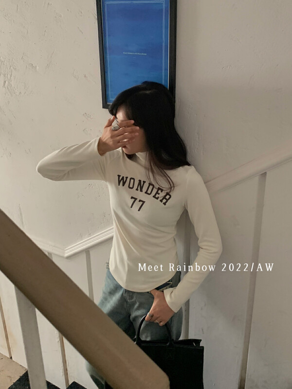 【MEET RAINBOW】Personalized letter turtleneck plus velvet short bottoming shirt 08597# LSL