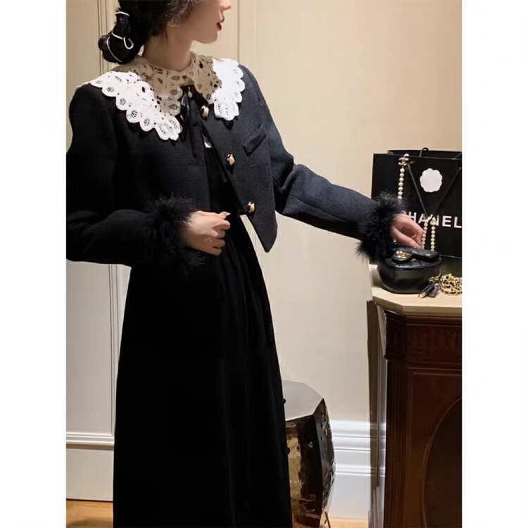 [Ou Zhengsha] Xiaoxiangfeng ladies short coat + high waist slim skirt two-piece suit (with collar, detachable sleeve hair) 19519# JJ