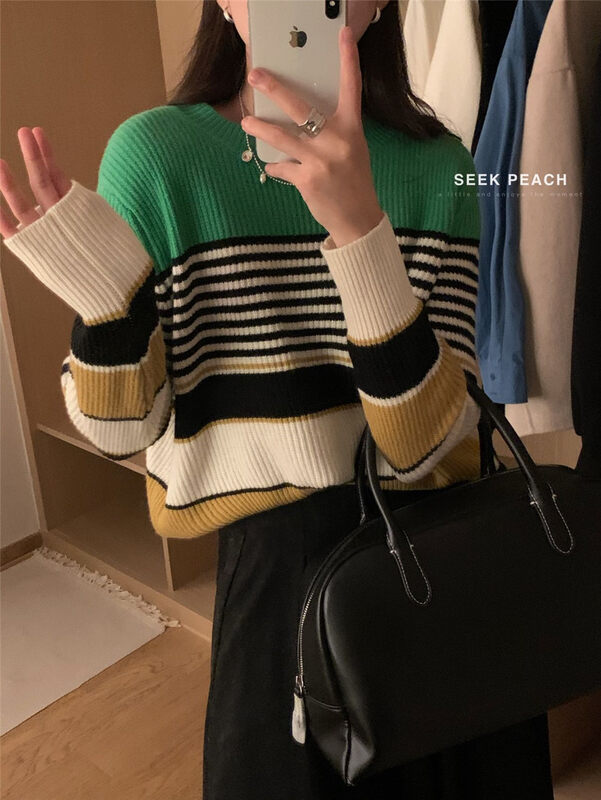 【SEEK PEACH】Round Neck Striped Loose Knit Sweater (Tops Only) S1953# L