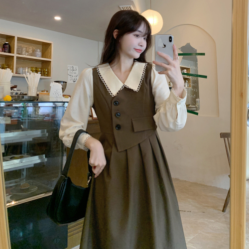Large size retro stitching fake two-piece long-sleeved dress women's 2022 autumn and winter new fat MM brown temperament long skirt