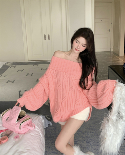 Real shooting real price Lapel strapless warm soft waxy loose lazy wind thickened sweater women's autumn and winter