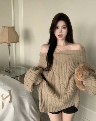 Real shooting real price Lapel strapless warm soft waxy loose lazy wind thickened sweater women's autumn and winter