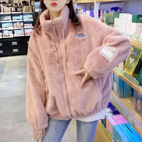 Korean version of imitation mink velvet jacket women's plus velvet thick winter  new age-reducing stand-up collar loose jacket