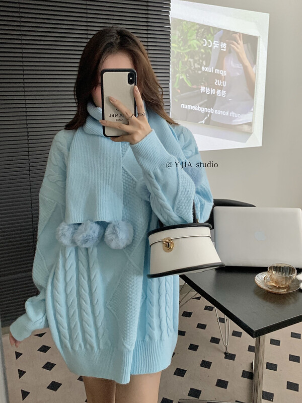 [Y.JIA Yijia] Casual age-reducing, lazy, casual, niche sweater (with scarf) 877