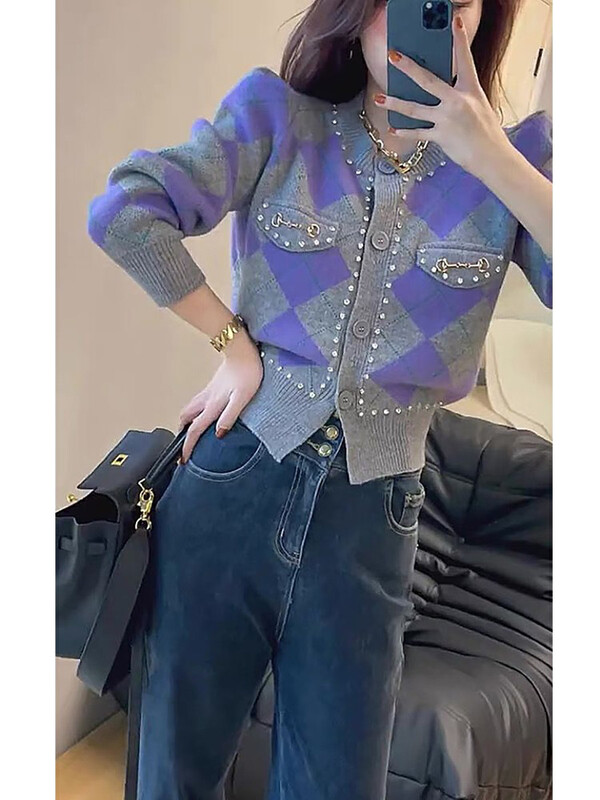 【L.L STUDIO】 Colorblock bright diamond puff sleeve knitted diamond thermal sweater 78489# PCZ