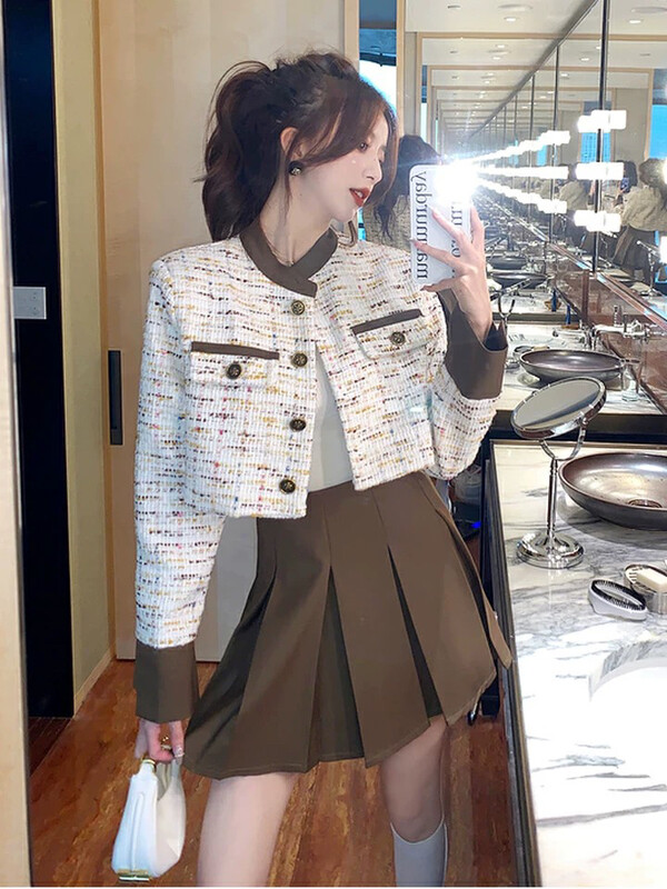 【L.L STUDIO】Little Fragrant Tweed Jacket + Pleated Skirt Set 78264# PCZ