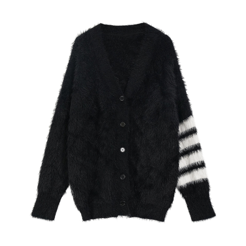 A black V-neck imitation mink cardigan sweater coat women's autumn loose and lazy style mid-length knitted sweater