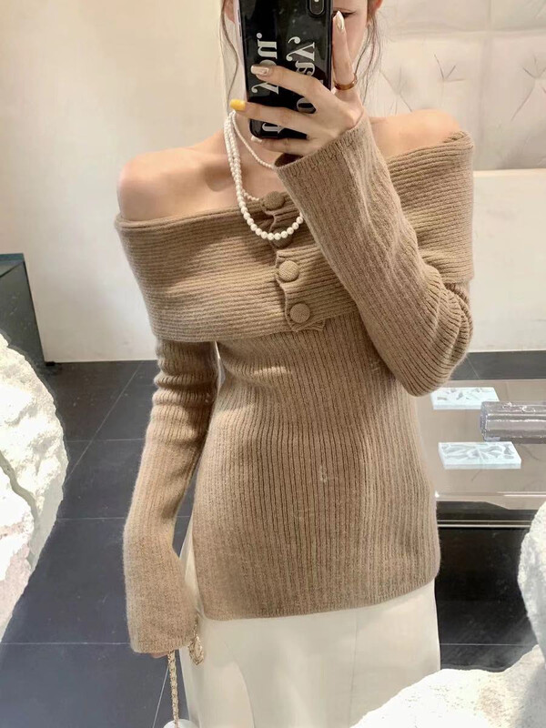 【L.L STUDIO】French niche one-word collar strapless warm sweater 78506# PCZ