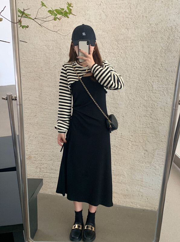 Autumn is new! [VICTORY.2] Korean striped shirt + sleeveless slim dress suit v707# WPL