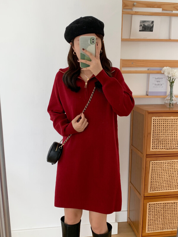 【VICTORY.2】Zipper Collar Knitted Long Sleeve Dress 2190# WPL