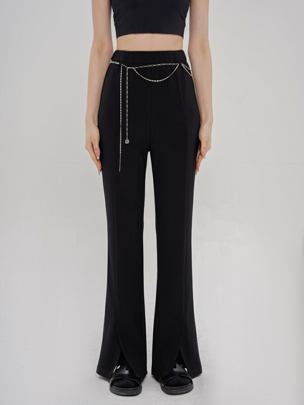 New for Autumn!【DS】High Waist Thin Hem Slit Weave Casual Pants (with Waist Chain) 28380D# JHY