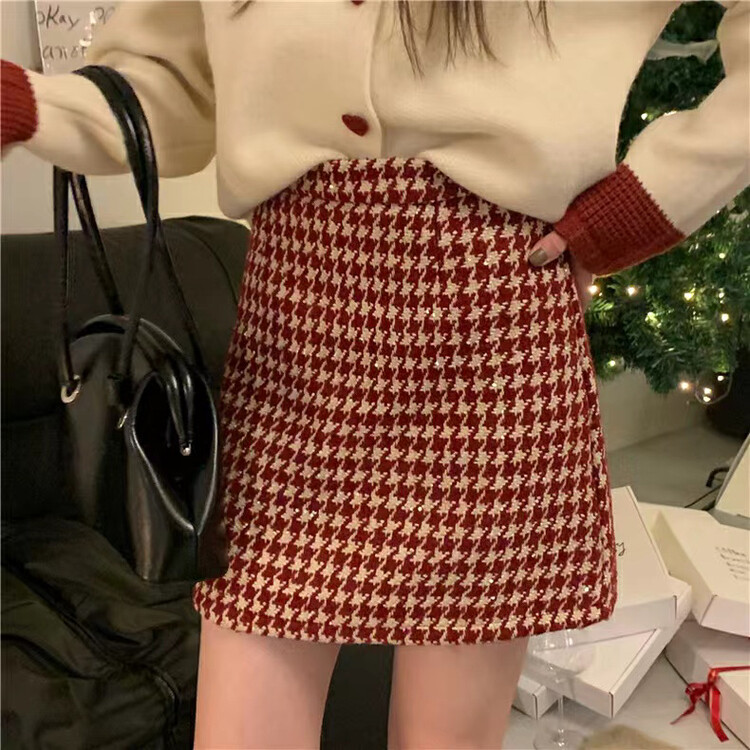 [Fan Fan] Houndstooth High Waist A-Line Hip Skirt 10125# CL