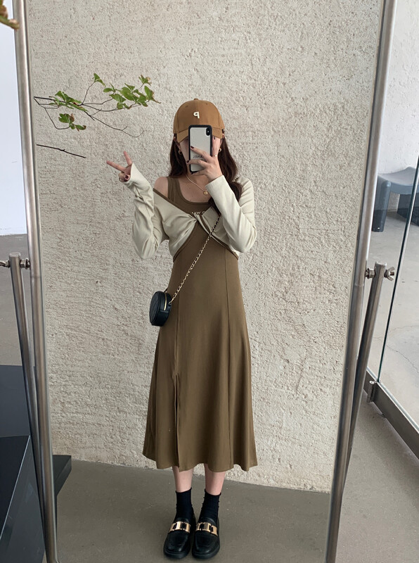 [VICTORY.2] Twisted Pullover T-Shirt + Vest Long Dress Set v705# WPL