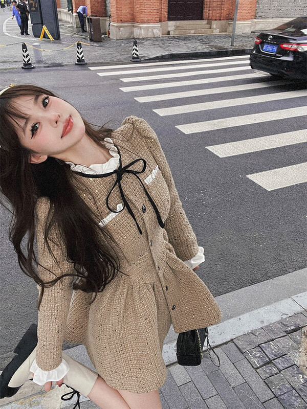 【L.L STUDIO】Exquisite Waist Small Fragrance Wool Dress 78360# PCZ